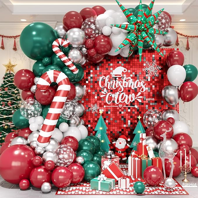 FunHot Christmas Balloon Arch Kit, Xmas Green Red Balloon Garland, Retro Green Dark Red Metallic Silver Confetti Latex Balloons with Candy Cane Xmas Star Foil Balloons for Christmas Party Decorations
