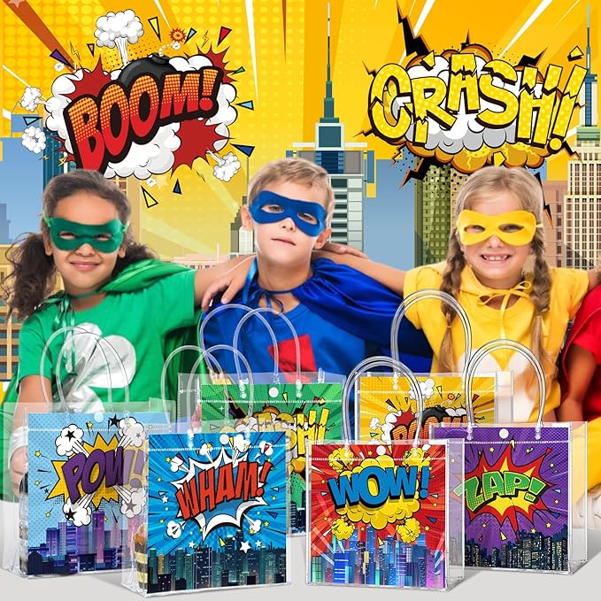 Teenyyou 24 Pcs Hero Clear Favor Bags with Handles Hero Party PVC Treat Plastic Gift Bags for Birthday Party Rewards Supplies
