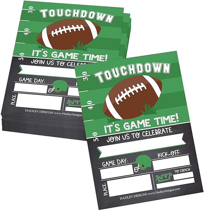 Hadley Designs Kids Birthday Invitations For Boys Football Theme - 25 Football Birthday Party Invitations For Boys, Touchdown Invites For Boy, Cute Party Supplies, Made In USA