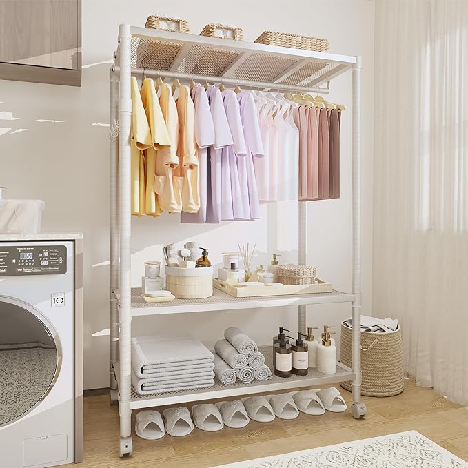 Rolling Clothes Rack, 3-Tier Adjustable Garment Rack with Hanging Rod and Side Hooks, Freestanding Clothing Rack with Wheels, Portable Clothes Rack for Bedroom, Laundry Room and Closet, White