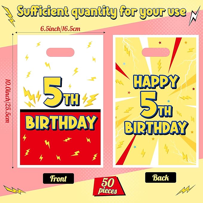 Andi Cppss Happy Birthday Party Favor Bags - 50PCS Red White Yellow Lighting Bolts Plastic Goodie Bags with Handle for Kids Cartoon Goody Treat Candy Gift Bag for Girls Boys 5th Birthday Party Favors