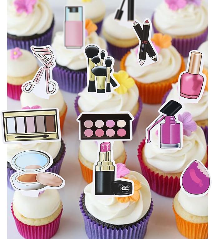 Ercadio 36Pcs Double-Sided Makeup Cupcake Toppers Lipstick Cosmetics Cupcake Picks Eye Shadow Eyelash Curler Food Picks for Girls Makeup Birthday Bridal Shower Bachelorette Party Decorations Supplies