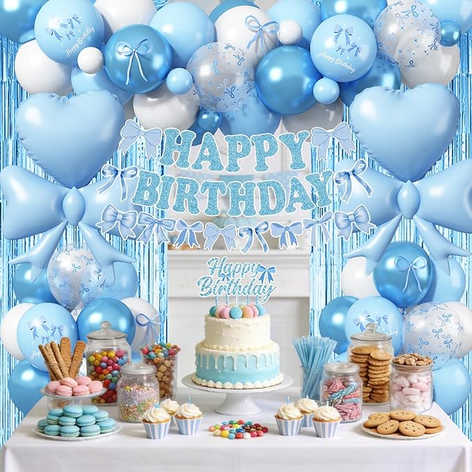 Blue Bow Birthday Party Decorations, Coquette Baby Blue White Bows Balloons with Mini Bows Decor Happy Birthday Banner Fringe Curtain for Women Girls Bows Bachelorette Baby Shower Party Decoration