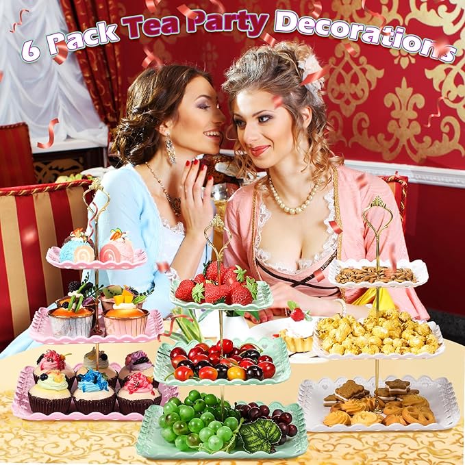 6 Sets Tea Party Decorations of 3 Tier Plastic Cupcake Stand Dessert Plates Cake Fruit Candy Display Tower for Wedding Birthday Baby Shower Tea Party Decorations(Square)