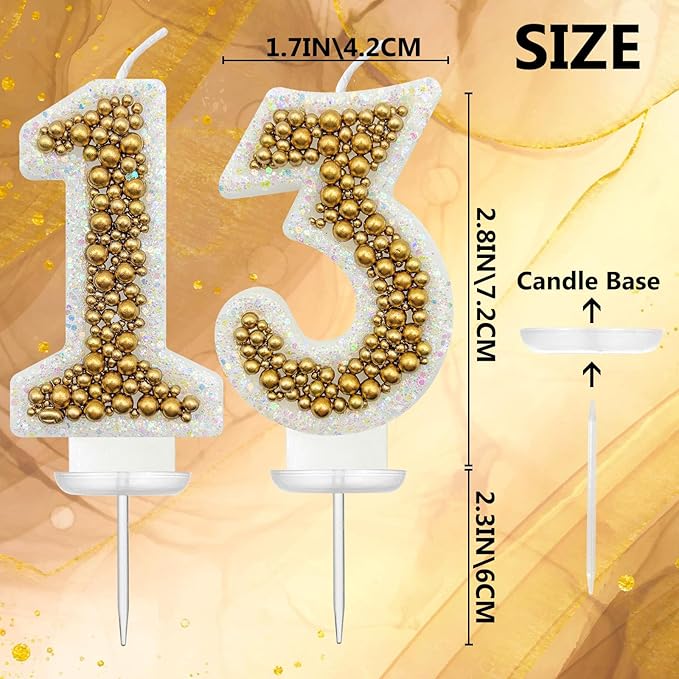 13 Birthday Number Candle for Cake, Glitter Number Candle with Gold Beads, Decorative Cake Topper for Milestone Celebrations