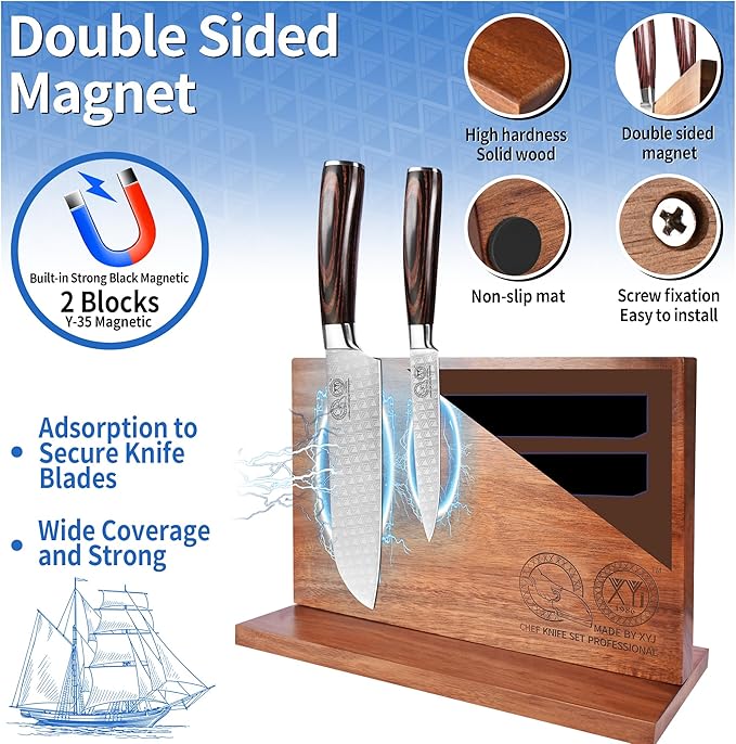 XYJ Magnetic Knife Block Holder Rack Acacia Wood Magnetic Stands with Strong Enhanced Magnets Multifunctional Knife Holder Kitchen Storage Organizer Tool Accessories