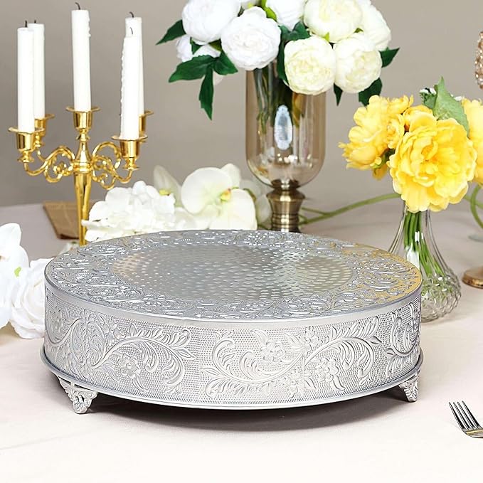 Efavormart 18" Silver Round Embossed Metal Cake Plateau Stand, Wedding Dessert Table Display Riser