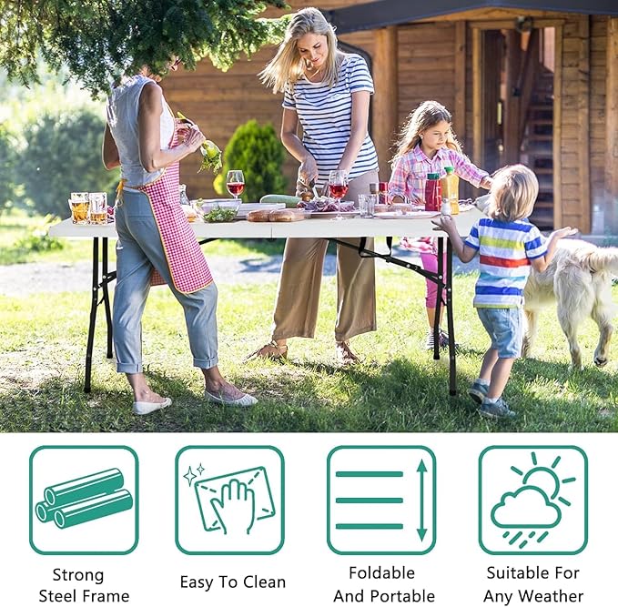 6Ft Folding Table, Portable Party Tables for Outdoor/Indoor, Heavy Duty Foldable Table 6 Foot Long, No Need Assembly Fold-in-Half Plastic Tables for Party, Event, Camping, Picnic (6ft, White)