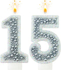 15 Birthday Number Candle for Cake, Glitter Number Candle with Silver Beads, Decorative Cake Topper for Milestone Celebrations