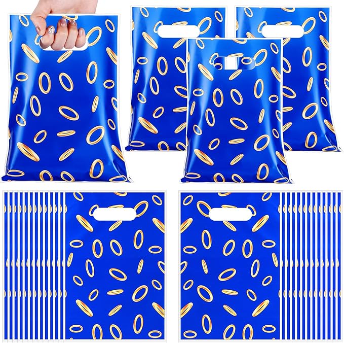 Faccito 40 Pcs Video Game Party Favors Bags Blue with Gold Ring Print Themed Goodie Bags Candy Snack Treat Plastic Supplies for Birthday Game Party Decorations Gifts