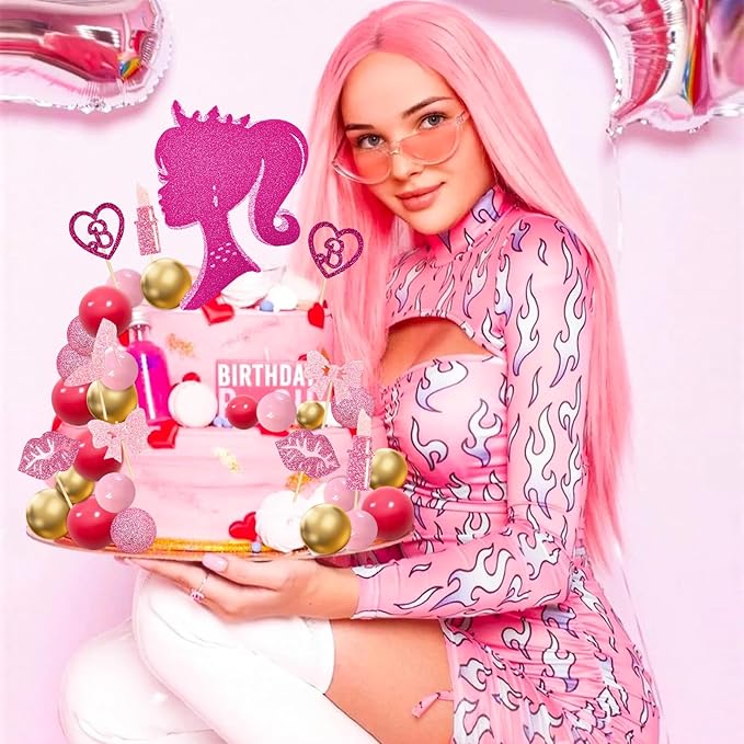MEMOVAN Hot Pink Girl Cake Topper 31PCS -Princess Makeup Cake Topper Decoration with Pink Gold Ball Glitter High Heel Lipstick Lips Bow Tie for Bachelorette Boho Girl Hot Pink Princess Theme Party