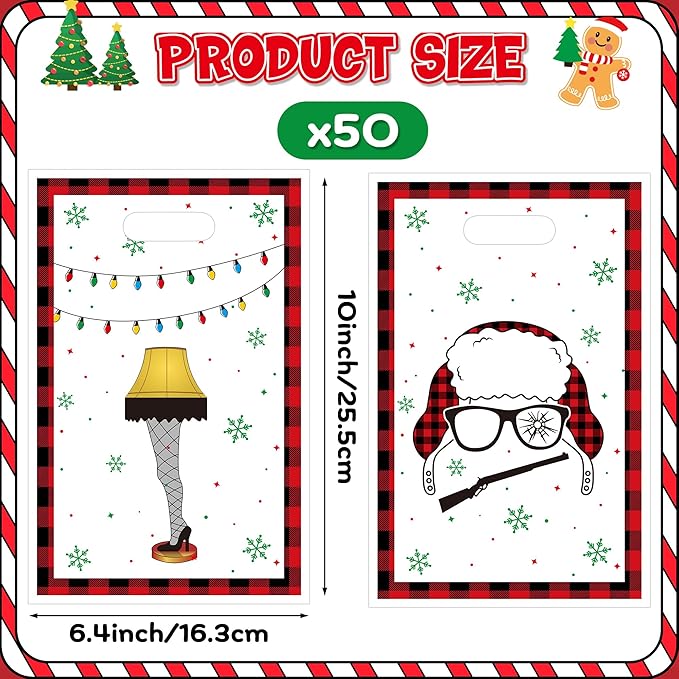 JuPelozak Christmas Party Favor Bags - 50pcs Funny Xmas Movie Goodie Bag, Winter Story Themed Candy Cookies Gift Decor for Adult Girls Boys, Xmas Eve Holiday Celebration Decorations Favors Supplies