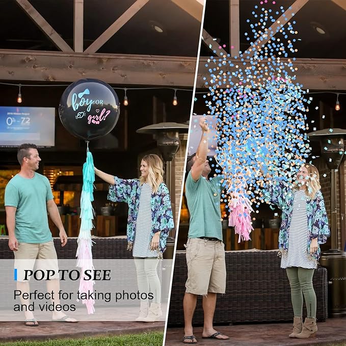 Disfore Thickened Gender Reveal Balloon - 2pcs Gender Reveal Confetti Balloons with Pink and Blue Confetti – 36 Inch Black Gender Reveal Balloons Perfect for Taking Photos and Videos