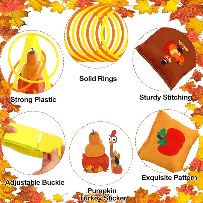 4 in 1 Fall Festival Thanksgiving Party Games with Ring Toss, Plastic Cones, Bean Bags, 3-Legged Race Bands, Thanksgiving Games for Family Boy Girl Adult Carnival Friendsgiving Outdoor Yard Activities