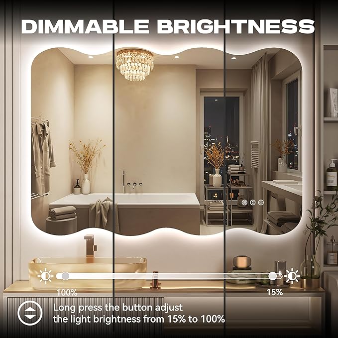 Hasipu Wavy Full Length Mirror with Lights - 40"×32" LED Wavy Floor Mirror, Frameless, Dimmable, Standing or Vertical/Horizontal Wall-Mounted Mirror for Bedroom, Living Room, Cloakroom