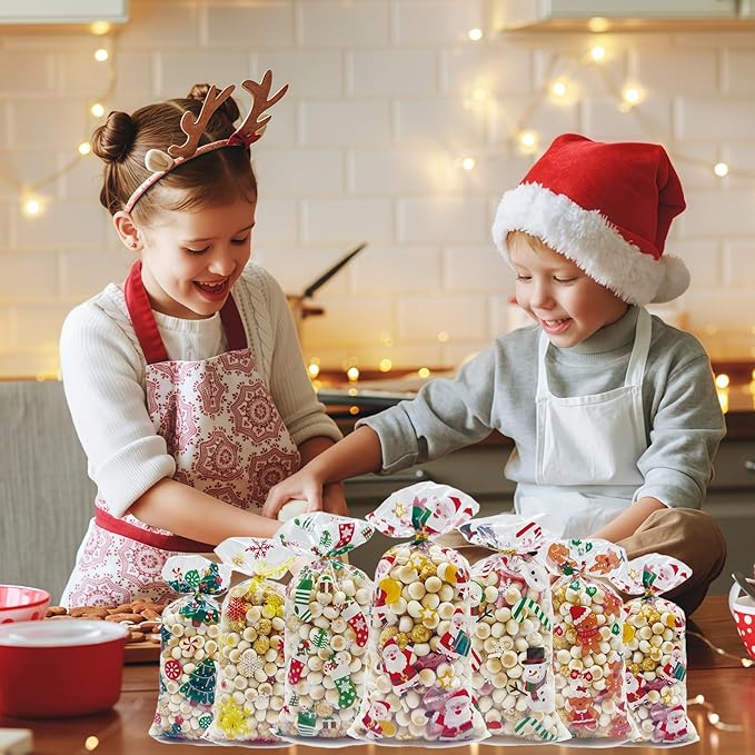 EatnMgan 180Pcs Christmas Cellophane Treat Bags,Santa Claus Goodie Candy,Cellophane Bags,Xmas Party Favors Bags Cellophane Candy bags with 200Pcs Twist Ties for Christmas Party Supplies