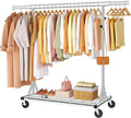 FAVOOSTY Heavy Duty Clothes Rack Load 450 LBS, Rollong Clothing Rack for hanging Clothes with Shelves, Freestanding Garment Rack, Portable Wardrobe Closet Rack for Laundry Room Bedroom, Silver