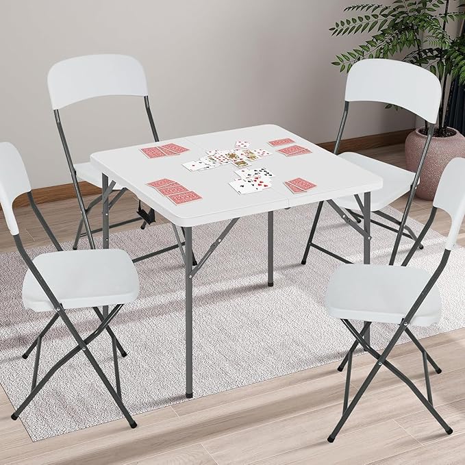 34" Square Folding Table, Portable Plastic Table No Assembly Needed, Fold-in-Half Design with Handle for Indoor Outdoor, Camping, Events, Banquets - White