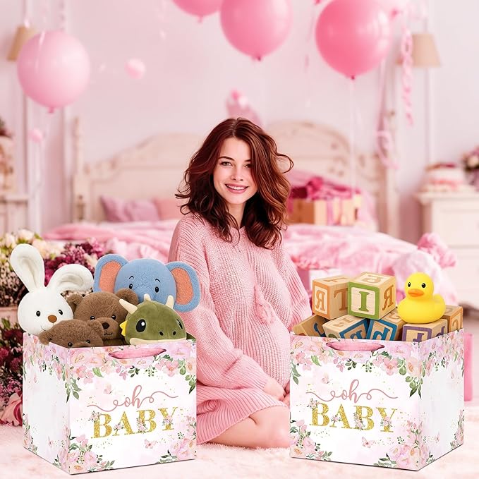 Extra Large Baby Gift Bag, Pink Floral Square Gift Bags Baby Shower Wrapping Paper Bag with Tissue Paper Oh Baby Jumbo Gift Bags for Sweet Baby Girl New Parents Gender Reveal Party Favors