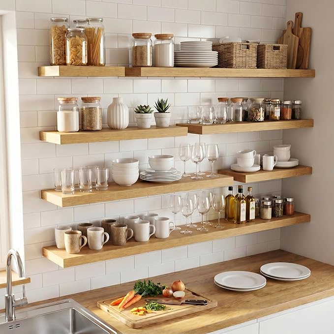 Venusmiles Floating Shelves for Wall, 72 Inch Floating Shelves Set of 2, 6.5" D Wooden Wall Mounted Display Shelves with Invisible Brackets for Living Room, Bedroom, Bathroom, Kitchen Decor, Oak