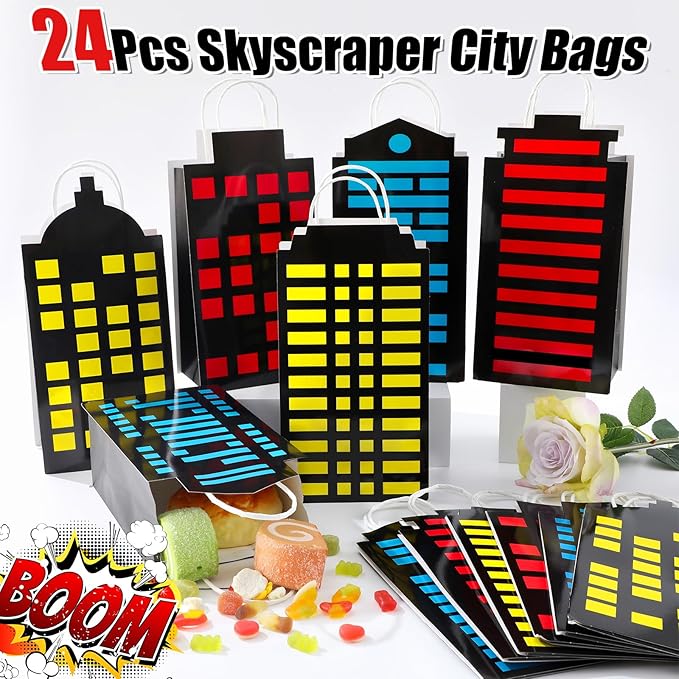 CHUNNIN 24Pcs Skyscraper City Party Favor Bags for Super Themed Hero Party Decorations City Skyline Buildings Treat Bags Hero Parties Candy Goodies Bag for Boys Girls Birthday Baby Shower Supplies