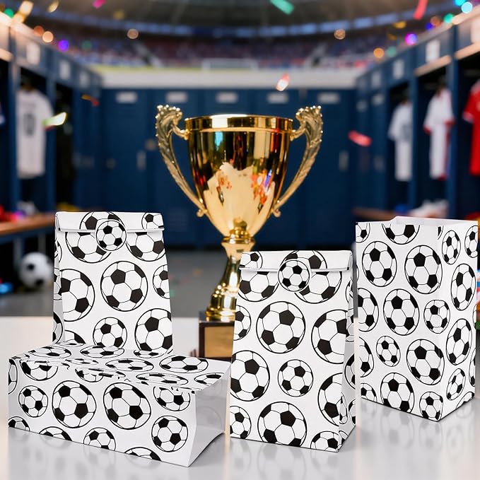 Fowecelt 24 Pack Soccer Gift Bags for Kids Soccer Paper Treat Bags with Stickers Party Favors Goodie Gift Bag Snack Treat Holders for Sports Theme Birthday Party Supplies Decorations