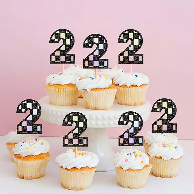 Ercadio 24 Pack Number 2 Cupcake Toppers Checkered Two Cupcake Picks for Smiley Assorted Racing Car Theme Baby Shower 2nd Birthday Party Cake Decoration Supplies