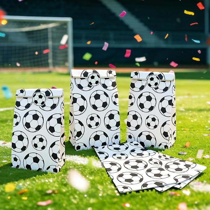Fowecelt 24 Pack Soccer Gift Bags for Kids Soccer Paper Treat Bags with Stickers Party Favors Goodie Gift Bag Snack Treat Holders for Sports Theme Birthday Party Supplies Decorations