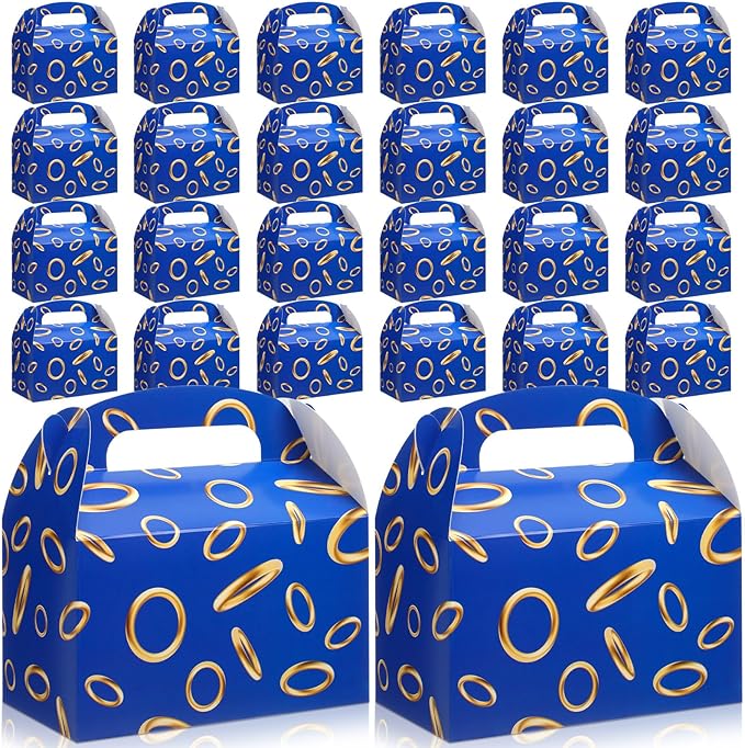 Marspark 24 Pack Blue with Gold Ring Party Favor Treat Boxes with Handles Theme Paper Goodie Candy Gift Gable Boxes for Video Game Birthday Party Decorations(Blue and Golden)