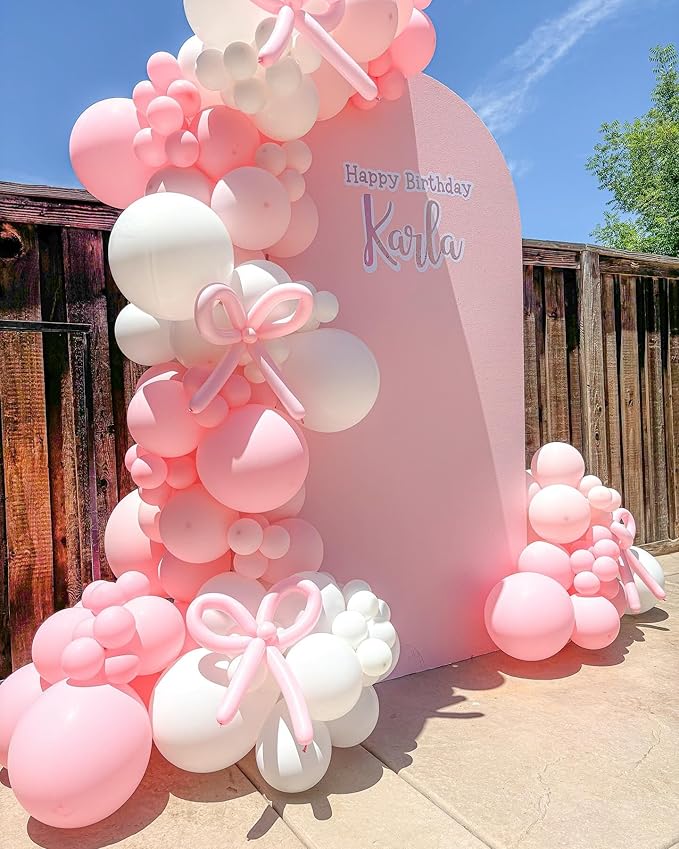 Bow Pink and White Balloon Arch Kit, 102pcs Light Pink White Bow Balloons Difference Sizes Latex Balloons with 16ft Tape Strip & Dot Glue for Pink Bow coquette Birthday Party Decorations