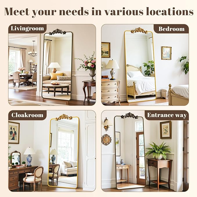 Vintage Full Length Mirror, 81"x41" Floor Mirror with Carved, Full Body Mirrors for Home Decor, Standing/Hanging Large Wall Mirrors for Bedroom/Living Room/Entryway, Gold, Retro Style