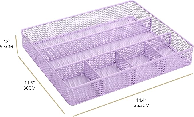 Annova Desk Top Organizer/Storage Tray - Metal Mesh with Dividers for Pens, Desktop Accessories, Bathroom, Kitchen, Makeup and Office Supplies (Large, Light Purple)