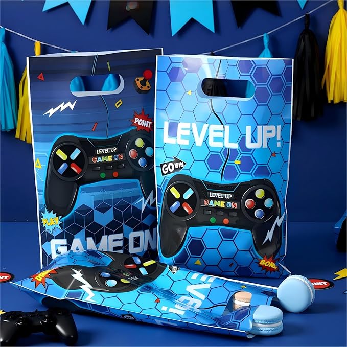 Pajean 50 Pcs Video Game Party Pouch Game on Party Favor Bags Goodie Gift Plastic Treat Candy Pouch Bulk with Handle for Kids Boy Birthday Baby Shower Supplies(Blue)