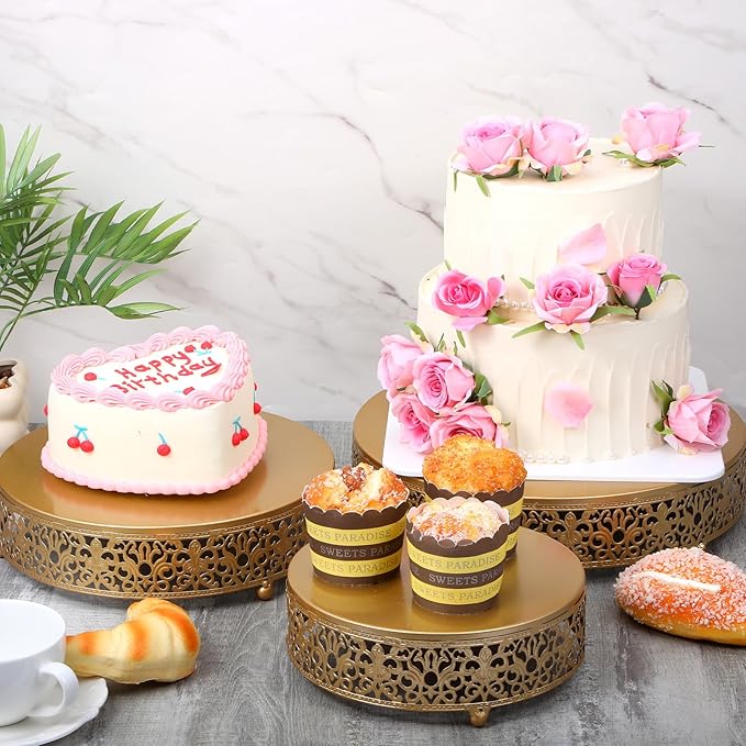3 Pieces Golden Cake Stand Set, 8/10/12 Inch Round Metal Dessert Display Stand Decorative Cake Holder Cupcake Pastry Candy Display Plate for Wedding, Party, Birthday, Event