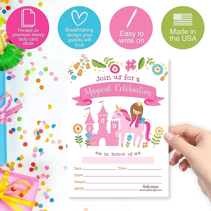 Hadley Designs Kids Birthday Invitations Girl Unicorn Theme - 25 Royal Birthday Party Invitations For Girls, Princess Invites For Girls, Cute Fairytale Party Supplies, Made in USA