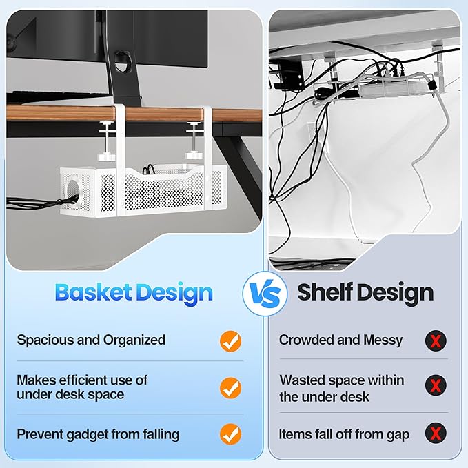 Cable Management Under Desk Tray, No Drill Cable Management Box with Clamp for Wire Organization, Cord Organizer for Office, Home - No Damage to Desk (White)