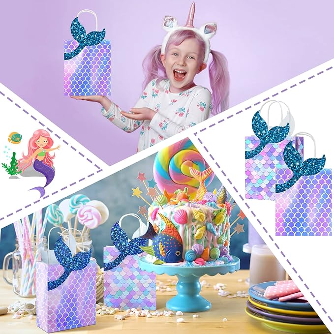 Leinuosen 16 Pcs Mermaid Party Favor Bags Mermaid Gift paper Bags with Handles Princess Theme Birthday Decoration Treat Candy wrap packs for Baby Shower Birthday Pool Party Supplies