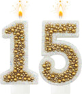 15 Birthday Number Candle for Cake, Glitter Number Candle with Gold Beads, Decorative Cake Topper for Milestone Celebrations