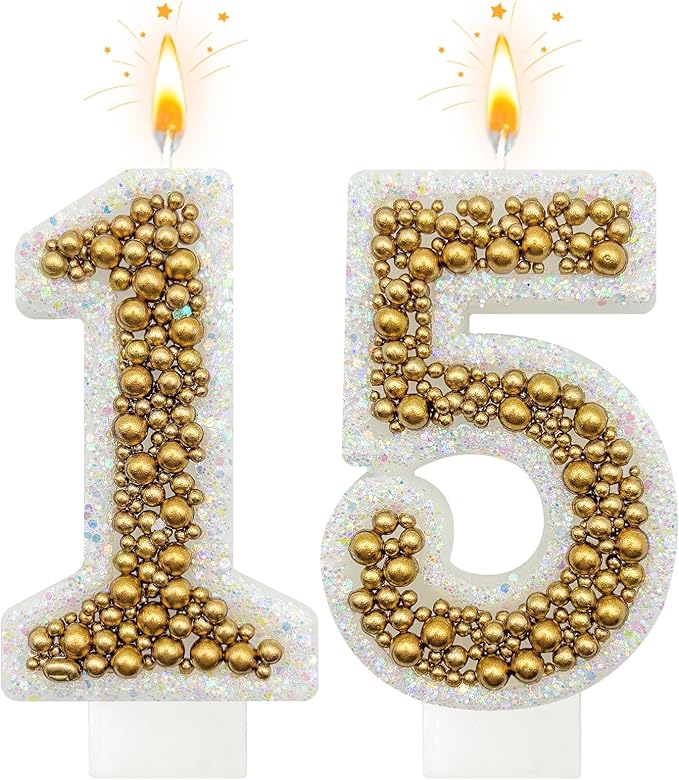15 Birthday Number Candle for Cake, Glitter Number Candle with Gold Beads, Decorative Cake Topper for Milestone Celebrations