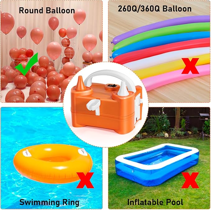 Electric Balloon Pump, Dual-Nozzle Portable Balloon Pump, Electric Balloon Inflator Balloon Pump Kit for Birthday Party Decorations, Weddings, Festivals and Party (Orange)