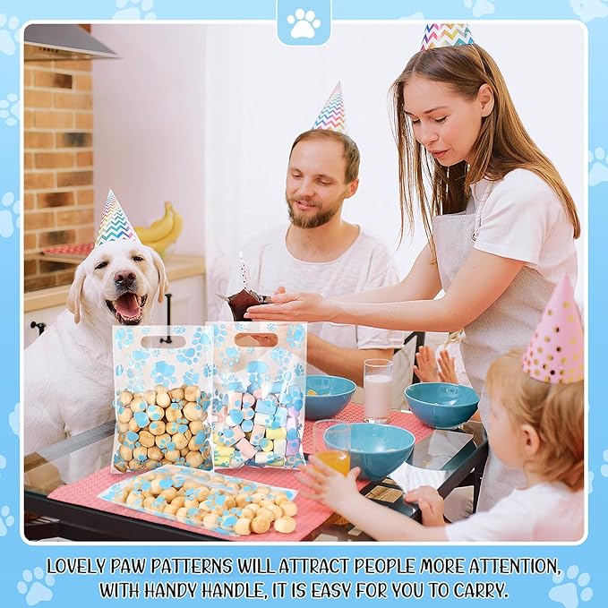 Pasimy 100 Pcs Dog Paw Gift Bags Bulk Pet Paw Puppy Plastic Treat Favor Candy Goodie Bags with Handle for Dog Birthday Party Decoration Supplies(Clear Blue)