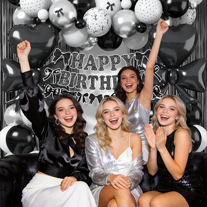 Black Bow Birthday Party Decorations, Coquette Bow Black and White Silver Balloons with Mini Bows Decor Happy Birthday Banner Fringe Curtain for Women Girls Bows Theme Bachelorette Baby Shower Party