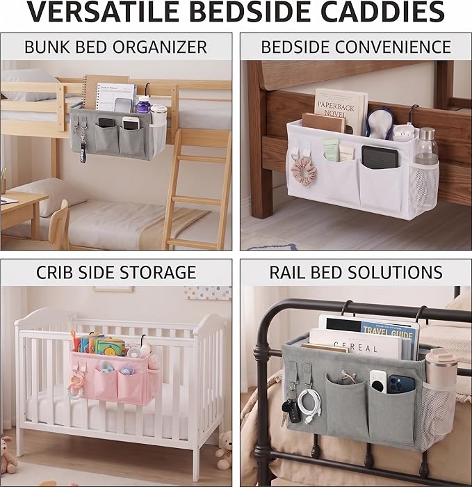 1pc Bedside Caddy Organizer with Hooks, No-Sagging Canvas Hanging Bed Pocket with Water Bottle Holder, Bedside Storage for Dorm Room Essentials, Bunk Bed Accessories, Hospital Bed Rails & Crib (gray)