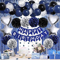 ZERODECO Birthday Party Decorations for Men, Black Navy Blue Silver Happy Birthday Banner Pompoms Balloon Arch Fringe Curtain Party Décor for Men Boys Women Girls Party Decorations Kit