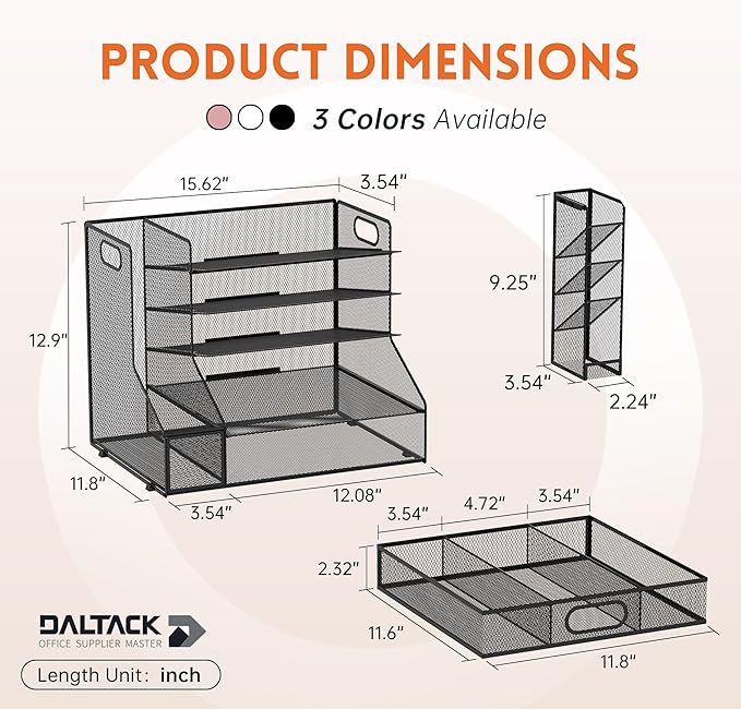 DALTACK Mesh Desk Organizer, 5-Tier Paper Letter Tray with File Holder & Pen Holder & Sliding Drawer, Desktop Organizer and Storage for Desk Accessories Office Supplies, Black