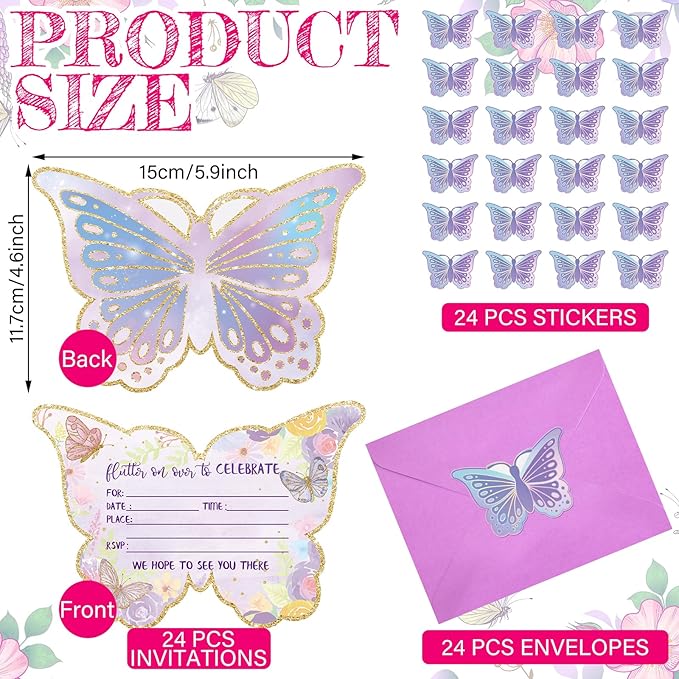 Hotop 24 Sets Butterfly Birthday Invitations with Envelopes and Stickers for Girls Party Invitations for Kids Birthday Baby Shower Party