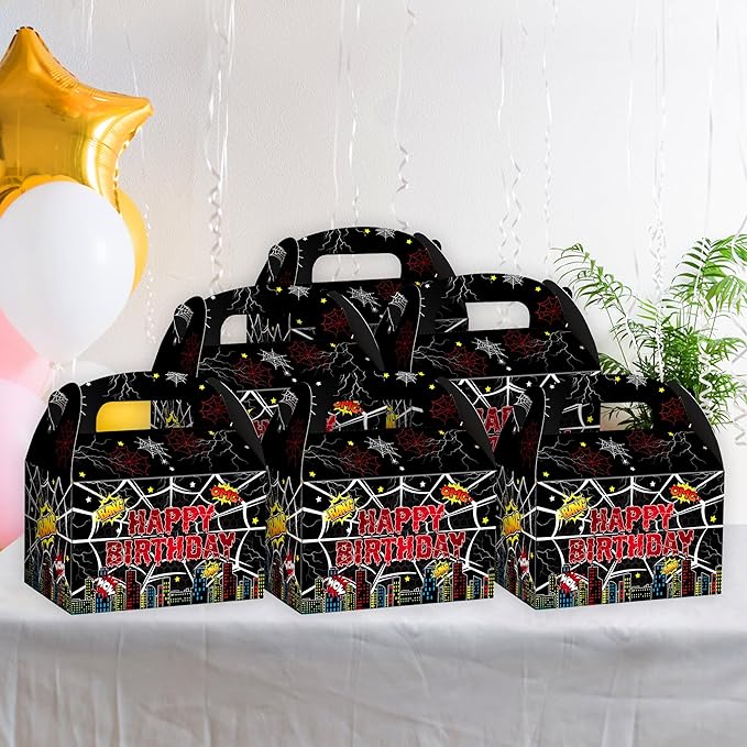 KMZFPYJ Black Spider Web Birthday Party Supplies, 20-Pack Party Favor Boxes for Kids Birthday, Double Sided Printed,Kraft Candy Treat Goodie Boxes For Party Baby Shower Decorations Supplies