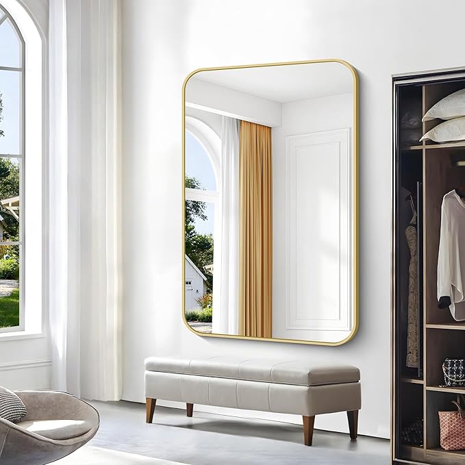 BONEWEI Gold Bathroom Mirror,60x40 inch Wall Mirror for Bathroom Wall Mounted,Round Rectangle Mirror for Bathroom Over Sink,Modern Frame for Home Decor Living Room,Bedroom Entryway,Horizontal/Vertical