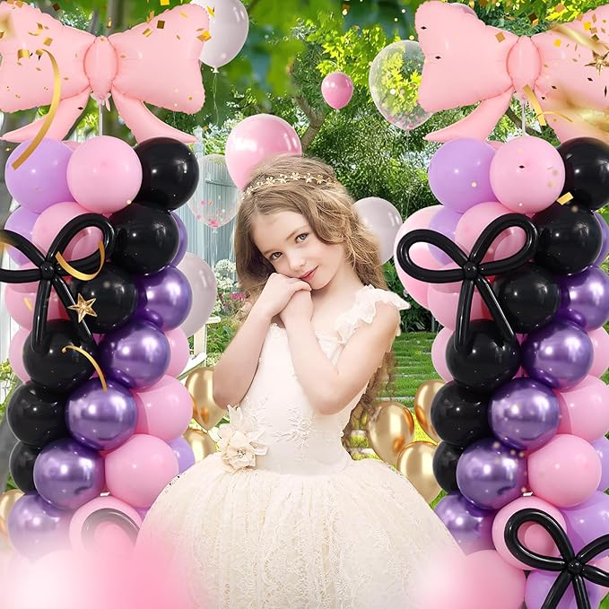Pink and Purple Black Balloon Column Stand Arch Kit Set of 2 with 140PCS Pink Purple Black and Bows Balloons for Girls Women Baby Shower Princess Birthday Party Supplies