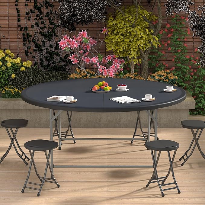 OS MOTOR 5.5ft Round Folding Table with Carry Handle, Portable Heavy Duty Plastic Utility Table with Steel Legs for Party, Wedding, Camping, Indoor, Outdoor Event, 66 Inch, Black
